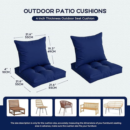 Waterproof Outdoor Chair Cushions Set of 2, Patio Cushions for Outdoor Furniture Water-Resistant & Fade-Resistant, Deep Seat & Back Cushion for Chair Sofa, 22x22 Inch (Navy)
