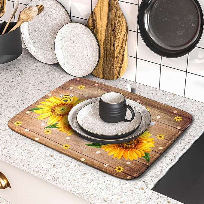 Sunflower Bee Dish Drying Mat for Kitchen Counter Home 16x18 Inch Wood Barn - Image 5