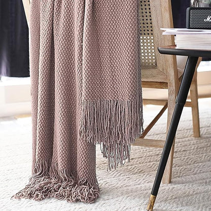 LOMAO Knitted Throw Blanket with Tassels Bubble Textured Lightweight Throws for Couch Cover Home Decor (Brownish Pink, 60x80)