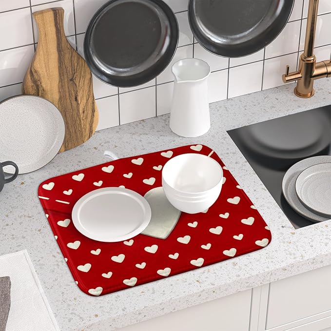Valentines Day Dish Drying Mat for Kitchen Counter 16x18 Cream Red Love Heart - Image 6