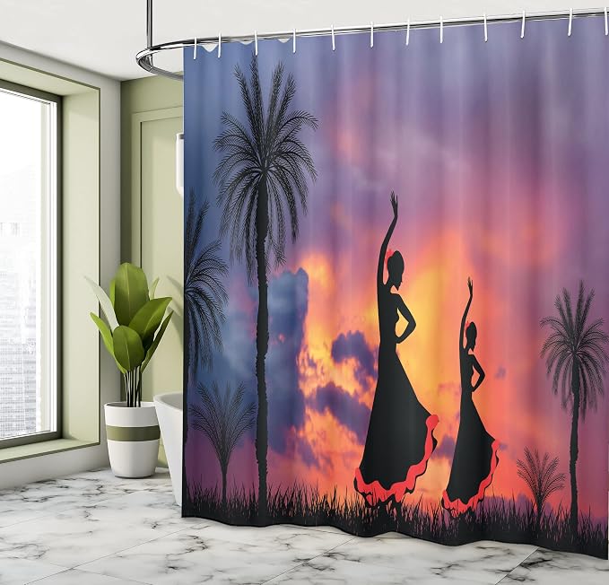 Ambesonne Spanish Shower Curtain, Silhouette of 2 Girls Dancing Flamenco - Image 4