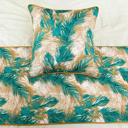 The HomeCentric King/Queen/Twin Green Decorative CA King 86"x18" Bed Runner with 2 Pillow Cover, Plam Leaves & Quilted Bed Scarf on Satin Fabric - Palms