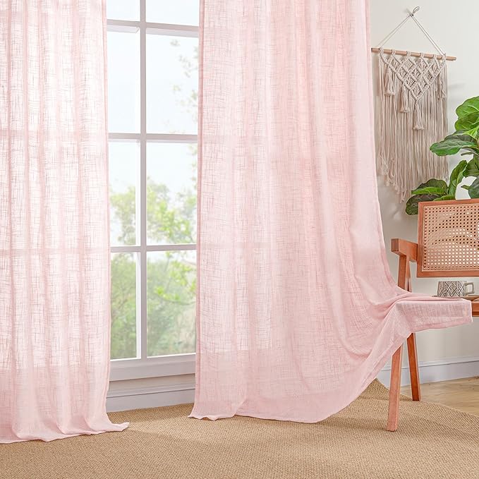 LAMIT Semi Sheer Linen Curtains 45 Inches Long, Light Filtering Panels Back Tab and Rod Pocket Neutral Drapes for Girls Room/Window/Bedroom, Pink, 2 Panels, 52 x 45 Inch