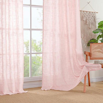 LAMIT Semi Sheer Linen Curtains 45 Inches Long, Light Filtering Panels Back Tab and Rod Pocket Neutral Drapes for Girls Room/Window/Bedroom, Pink, 2 Panels, 52 x 45 Inch