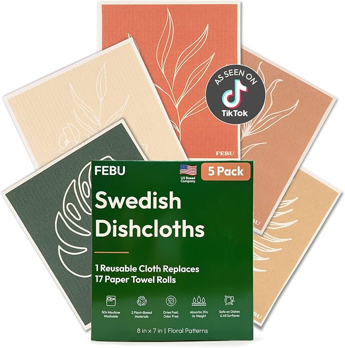 FEBU Swedish Dishcloths for Kitchen | 5 Pack Floral Reusable Paper Towels by FEBU