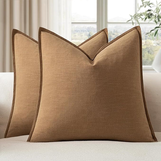 EMEMA Fall Decorative Linen Throw Pillow Covers 22x22 Inch Brown Boho Farmhouse Neutral Couch Throw Pillows for Bed Pack of 2 Accent Pillowcase Modern Sofa Cushion Livingroom Home