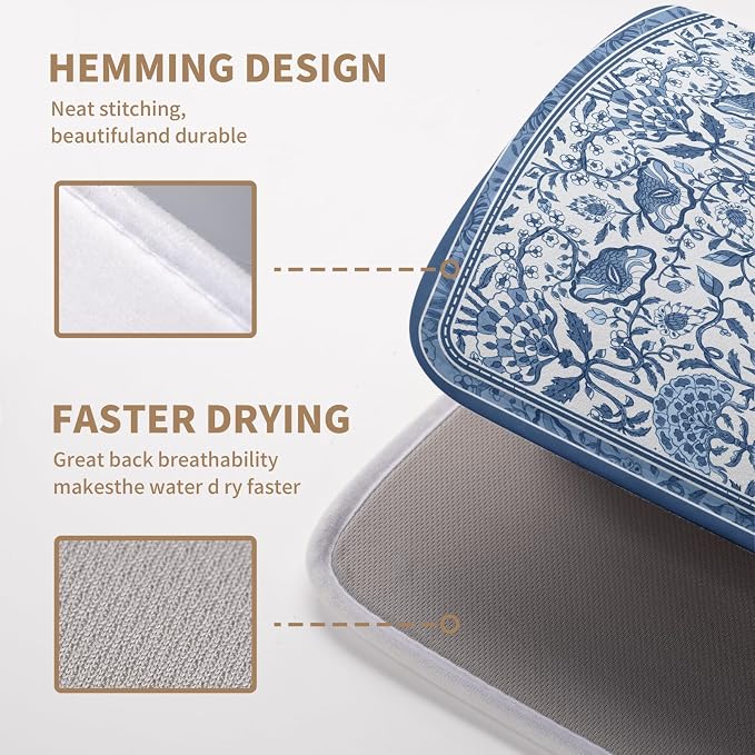 Blue Floral Dish Drying Mat for Kitchen Counter Boho Flowers Dishes Drainer - Image 4