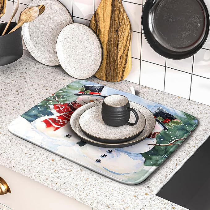 Winter Dish Drying Mat 16 x 18 Inch Xmas Snowman Pattern Dish Drying Pad - Image 5