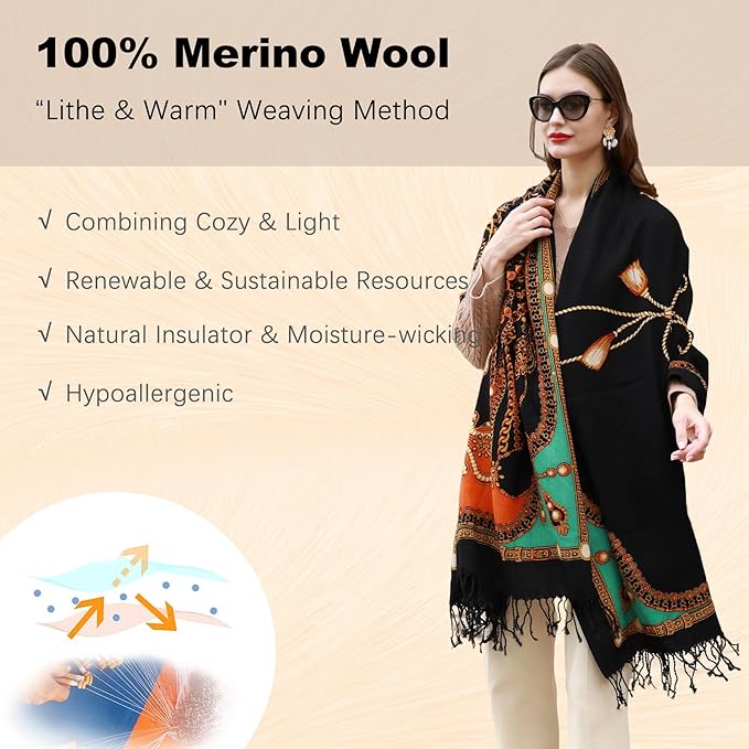 DANA XU 100% Merino Wool Extra Large Pashmina Blanket Travel Scarf Cashmere Wrap for Women Fall Winter Oversize Shawl Floral