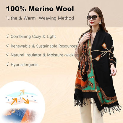 DANA XU 100% Merino Wool Extra Large Pashmina Blanket Travel Scarf Cashmere Wrap for Women Fall Winter Oversize Shawl Floral