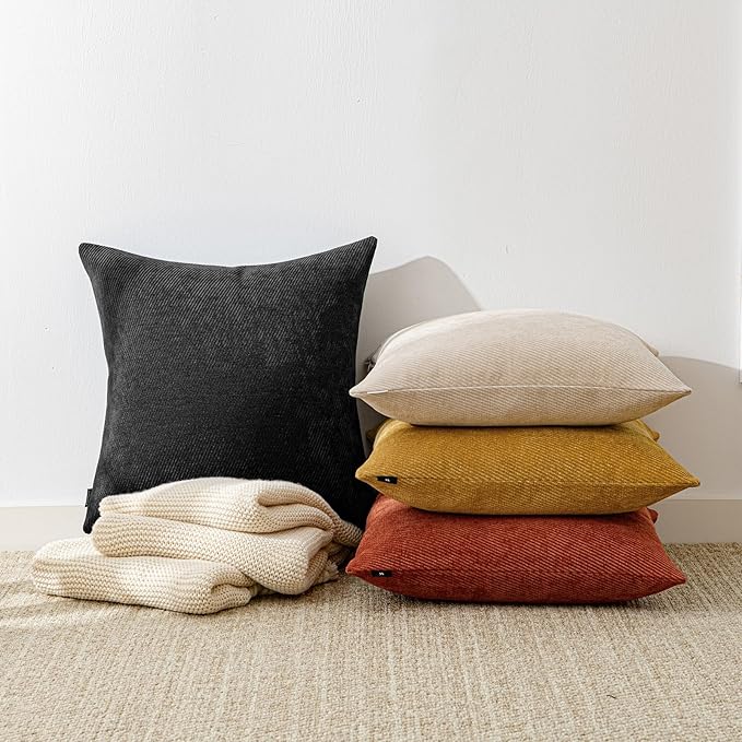 a moment Pack of 2 Decorative Chenille Throw Pillow Covers with Twill Cushion Covers for Sofa Living Room Couch Bed 20x20 Inch Black