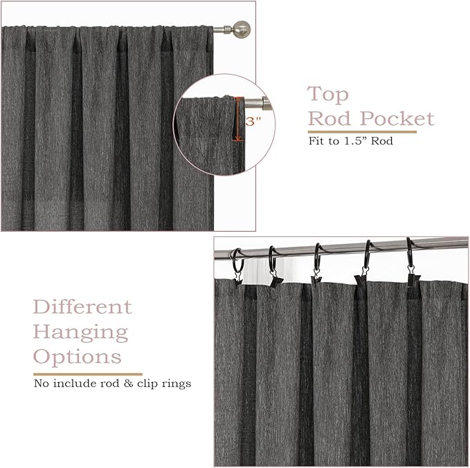 Simplebrand Grey Faux Linen Textured Semi Sheer Curtains 96 Inches Long 2 Panels Set, Light Filtering Soft Thick Farmhouse Curtains Window Treatment for Bedroom/Living Room/Dining Room, 50 x 96 Inch