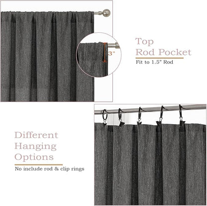 Simplebrand Grey Faux Linen Textured Semi Sheer Curtains 96 Inches Long 2 Panels Set, Light Filtering Soft Thick Farmhouse Curtains Window Treatment for Bedroom/Living Room/Dining Room, 50 x 96 Inch