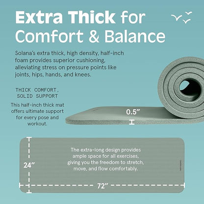 Retrospec Solana Yoga Mat Thick 1/2in Non-Slip Workout Mat with Nylon Strap - 72x24in Exercise Mat for Pilates, Stretching & Fitness - BPA Free, Easy Clean