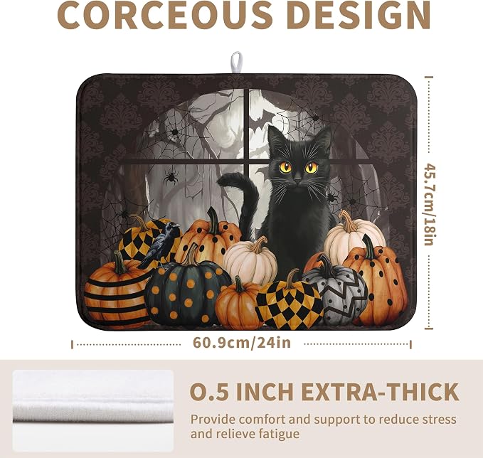 Halloween Black Cat Dish Drying Mat Fall Halloween Pumpkins Large Kitchen Mats - Image 3