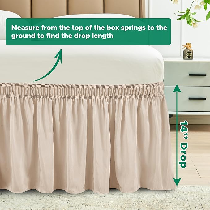 Biscaynebay Wrap Around Bed Skirts for Queen Beds 14" Drop, Sand Adjustable Elastic Dust Ruffles Easy Fit Wrinkle Resistant Silky Luxurious Fabric Machine Washable