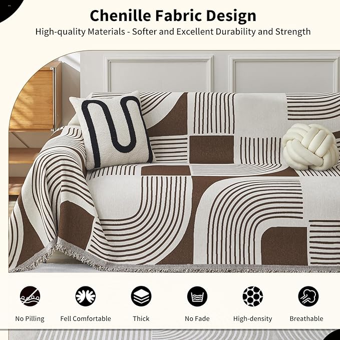 Boho Couch Cover Sofa Covers Washable, Chenille Couch Covers for 3 Cushion Couch Sofa Pet Friendly, Bohemian Sofa Slipcovers for Sectional Sofa, Loveseat, 2 3 4 Seater (71" x 134", Coffee)