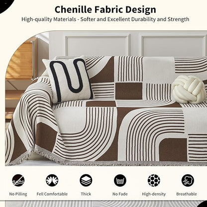 Boho Couch Cover Sofa Covers Washable, Chenille Couch Covers for 3 Cushion Couch Sofa Pet Friendly, Bohemian Sofa Slipcovers for Sectional Sofa, Loveseat, 2 3 4 Seater (71" x 134", Coffee)