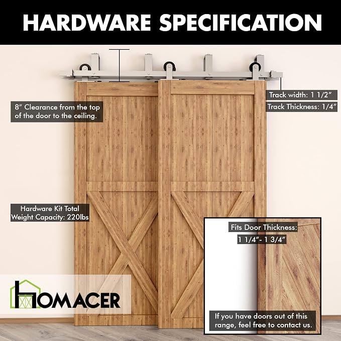 Homacer Brushed Nickel Double Track U-Shape Bypass Sliding Barn Door Hardware - Image 5