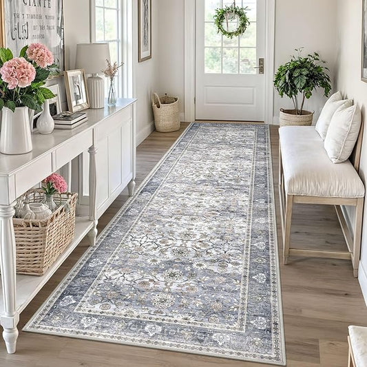 KUTA Vintage Wide Runners for Hallways 3x10 ft Washable Kitchen Runner Grey Blue Non Slip Rubber Backed Long Hall Runners Entryway Runner Rugs Floor Carpet for Indoor Backdoor Bedroom
