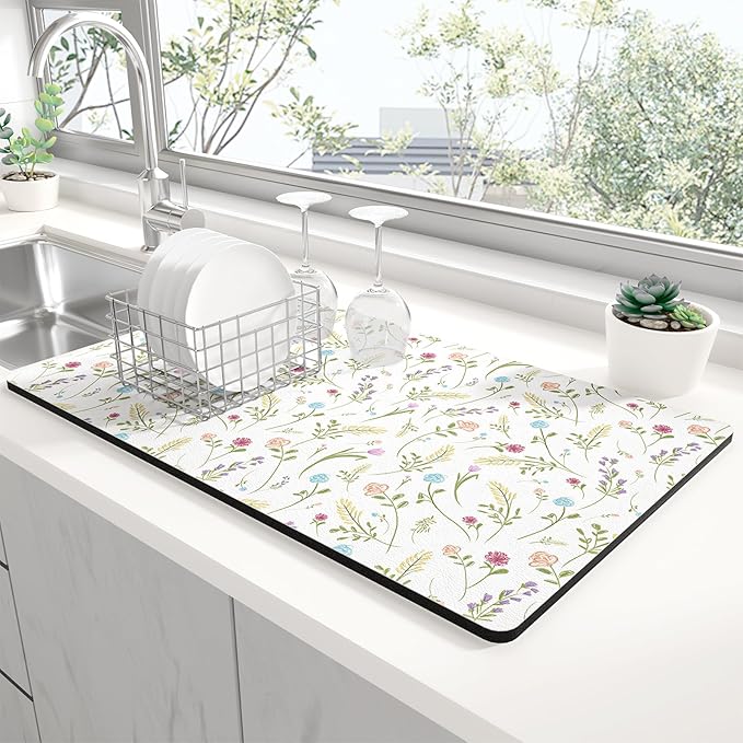 Rnivvi Dish Drying Mat for Kitchen Counter, 12 x 19" Cute Flower Theme Super by Rnivvi