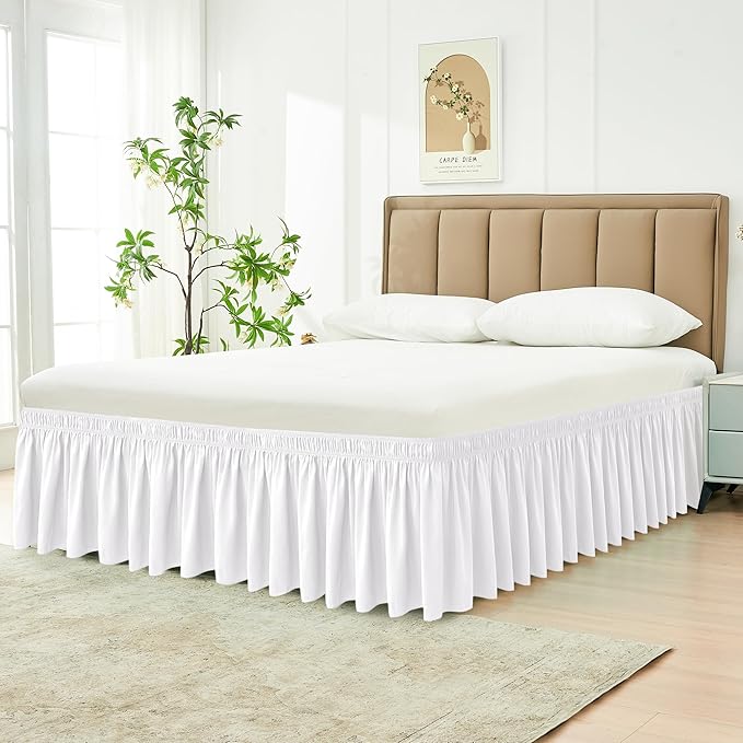 Biscaynebay Wrap Around Bed Skirts for Twin & Twin XL Beds 17" Drop, White Adjustable Elastic Dust Ruffles Easy Fit Wrinkle & Fade Resistant Silky Luxurious Fabric Solid Machine Washable
