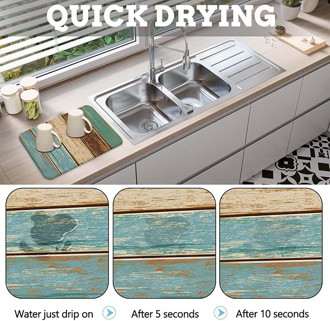 MCALK Teal Dish Drying Mat for Kitchen Counter, Wood Pattern Dish Drying Pad - Image 2