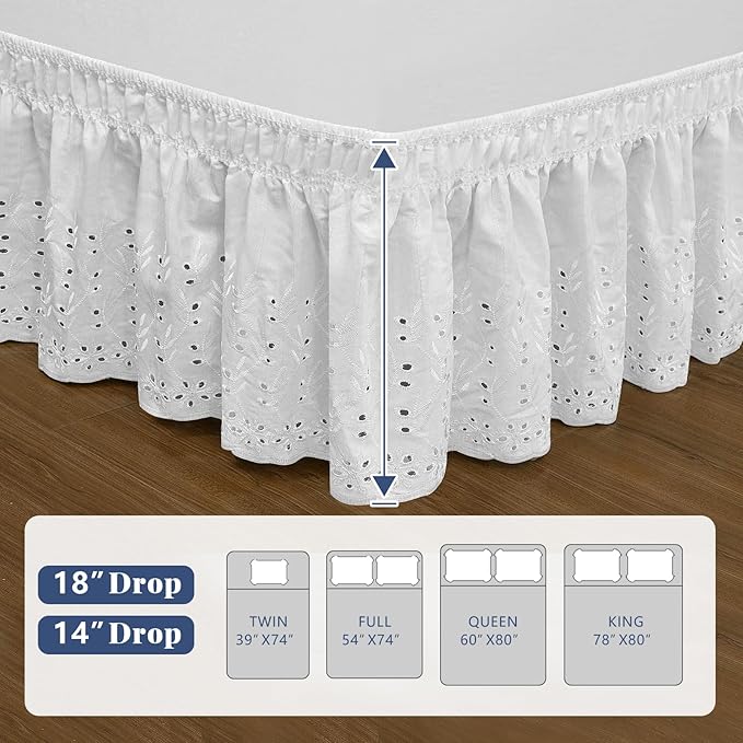 King Bed Skirt, Wrap-Around Elastic Ruffled Eyelet Bed Skirt King Size Dust Ruffle with Gathered Styling and Embroidered Details, 18" Drop Length (White)