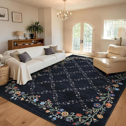 Garveehome 4x6 Washable Floral Area Rugs for Living Room: Modern Floral Non Slip Large Area Rugs for Bedroom, Large Machine Washable Living Room Low Pile Carpet with Non-Slip Backing Black 4 ft x6 ft.