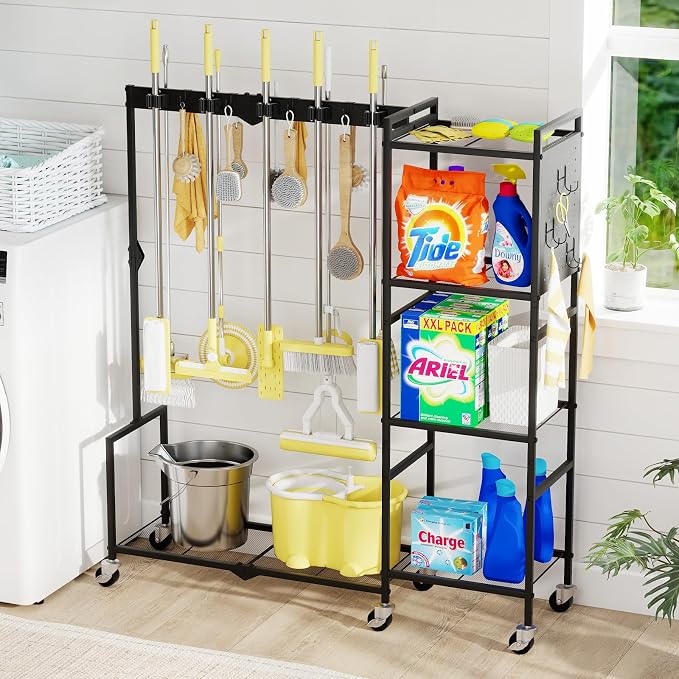 46" H Broom Holder with Cleaning Supplies Organizer, Mop Rack Storage with by AGESISI