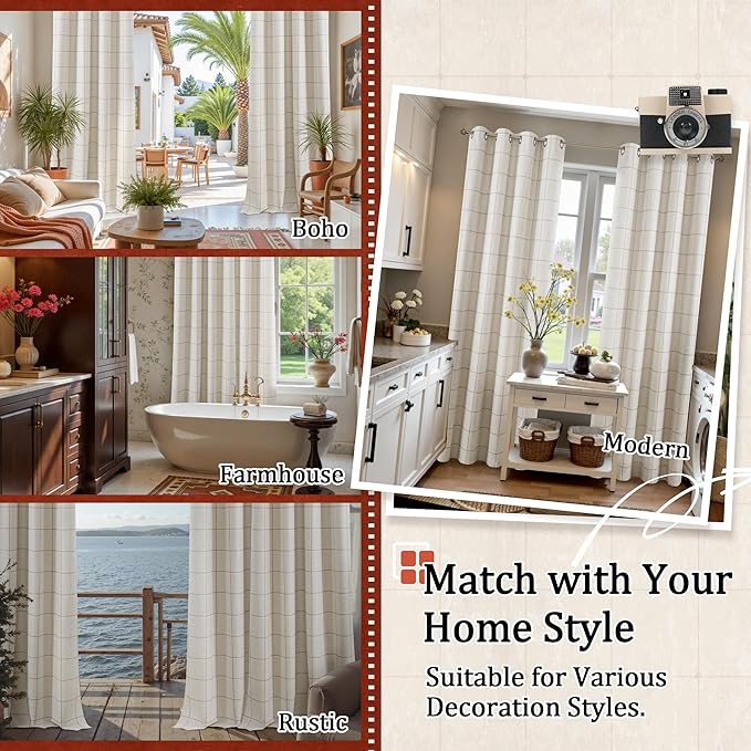 Plaid Curtains Pattern Printed 90 Inches Long - Total Linen Blackout Curtains for Living Room, Boho Cottage Core Grommet Drapes for Farmhouse Thermal Drapery 52x90 Inch 2 Panels, Natural