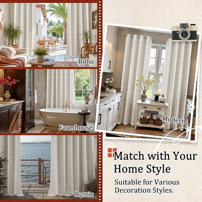 Linen Blackout Curtains 63 Inches Long for Bedroom - Boho Plaid Curtains Thermal Insulated, Pattern Printed Rustic Drapes Window Treatments for Farmhouse 52x63 Inch 2 Panels, Natural