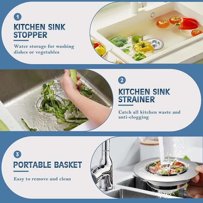 Kitchen Sink Drain Strainer 3 in 1, 304 Stainless Steel Pop Up Sink Stopper - Image 6