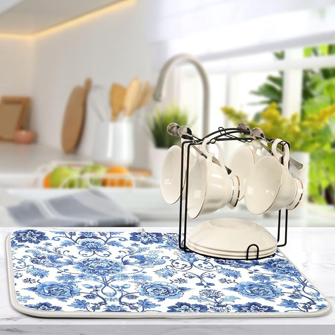 Blue White Porcelain Peony Dish Drying Mat - Image 5