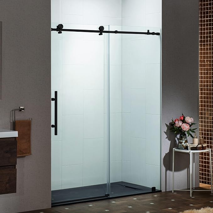Woodbridge Frameless Single Sliding Shower Doors in Matte Black Finish - Image 8