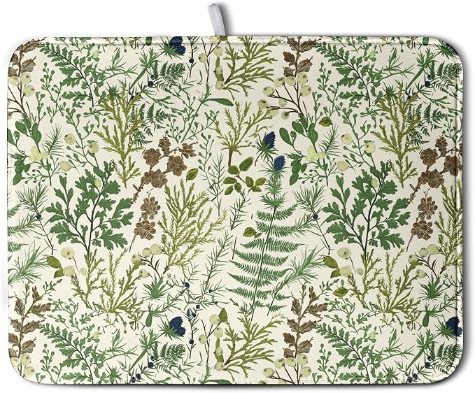 Sage Green Botanical Floral Dish Drying Mat by Wnoesat