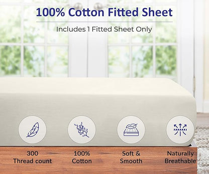 ROYALE LINENS 300 Thread Count 100% Long Staple Combed Cotton Fitted Sheet Twin XL - Super Soft Deep Pocket Bottom Sheet - Fitted Sheets Only - Elastic Sheets (Twin XL, Cream)