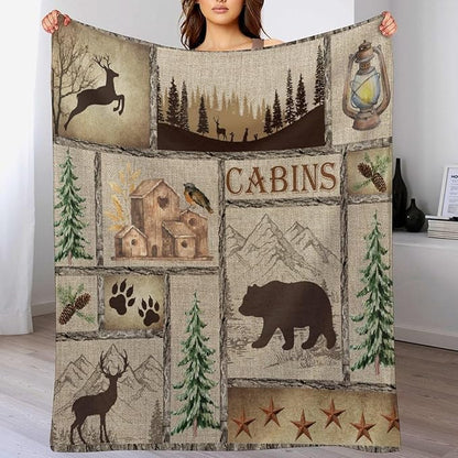 Rustic Cabin Bear Blanket, Lake Country Lodge Bear Deer Forest Farmhouse Camp Print Soft Warm Cozy Lightweight Decorative Blanket for Couch Bed Sofa Travel, 50"x60"