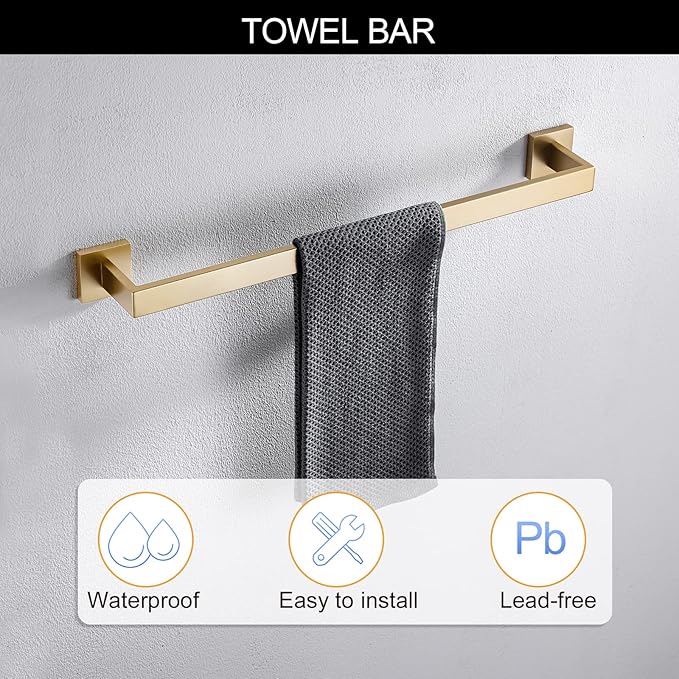 TNOMS 5-Piece Bathroom Hardware Set 23.6 Inch Gold Towel Bar Set Towel Bar - Image 2