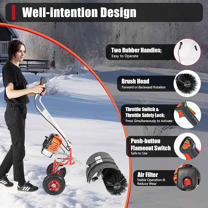2.5HP 52CC Gas Power Handheld Sweeper, Driveway Turf Snow Broom Brush Cleaner - Image 7