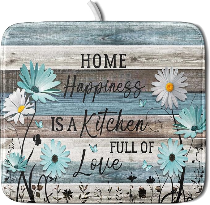 Daisy Floral Dish Drying Mat 16x18 Inches Rustic Wood Microfiber Absorbent by Giwawa