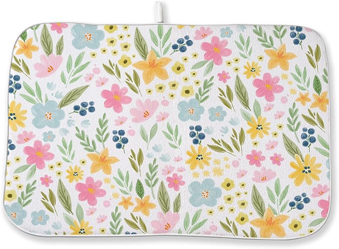 Spring Yellow Pink Blue Floral Dish Drying Mats 18x24 Inch Watercolor Flower by GOLIANDA