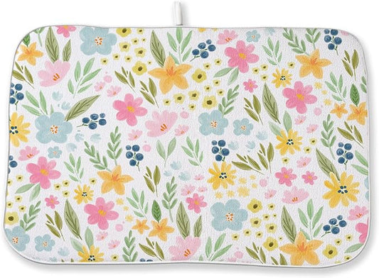 Spring Yellow Pink Blue Floral Dish Drying Mats 18x24 Inch Watercolor Flower by GOLIANDA