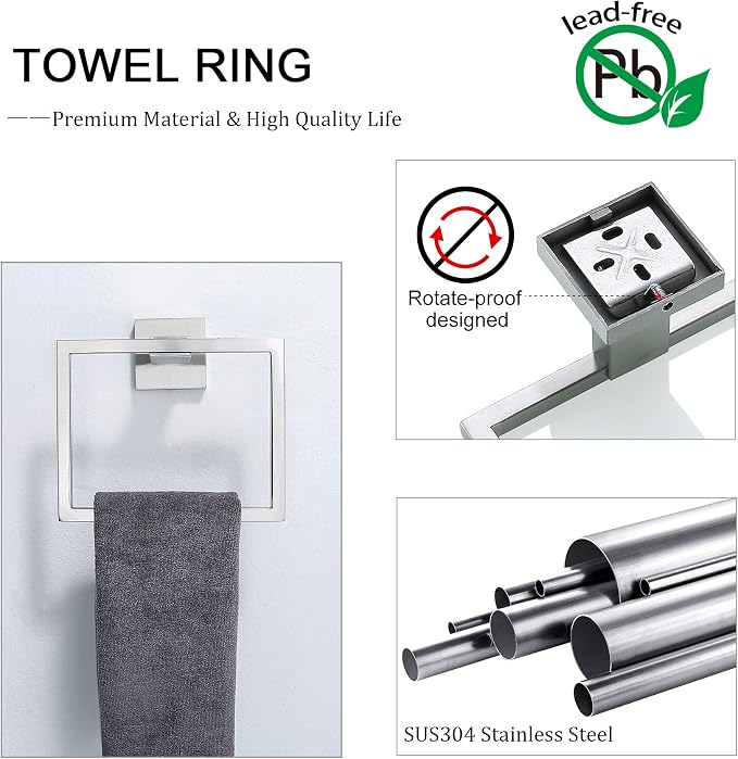TNOMS Bathroom Towel Bar Set 5 Pieces Brushed Nickel Square Modern Bathroom - Image 2