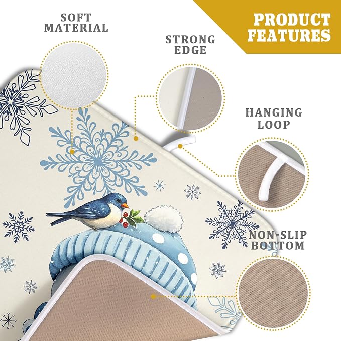 Winter Snowman Dish Drying Mat for Kitchen Counter 16x18 Blue Snowflake Bird - Image 4