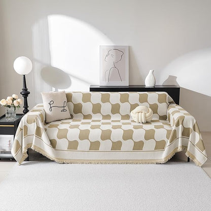 MEETSKY Sofa Cover Washable Sectional Couch Cover, X-Large Couch Slipcovers for Reclining Couch 2 Seat ，Washable Sofa Protector Decorative Modern Style for Living Room, 71" x 118", Khaki Checkerboard