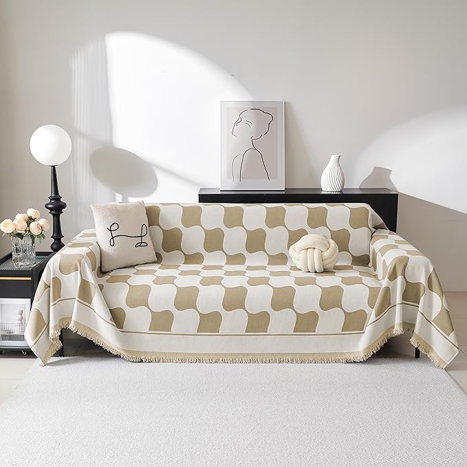 MEETSKY Couch Cover Modern Khaki White Plaid Jacquard Sofa Slipcover U Shape Sofa Protector for 3 Cushion Couch Sofa, Chenille Sofa Couch Coverfor Dogs Kids, 91" X134", Khaki Checkerboard