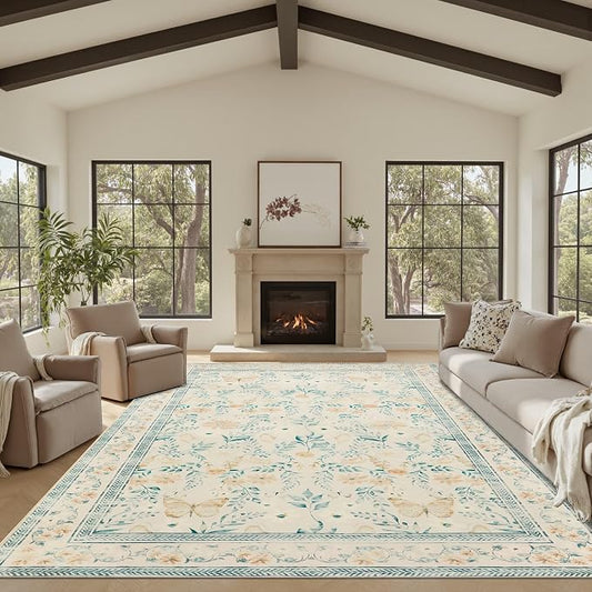 Floral Rug for Living Room Bedroom, 8x10 Washable Rug, Vintage Boho Area Rug by Rugxara