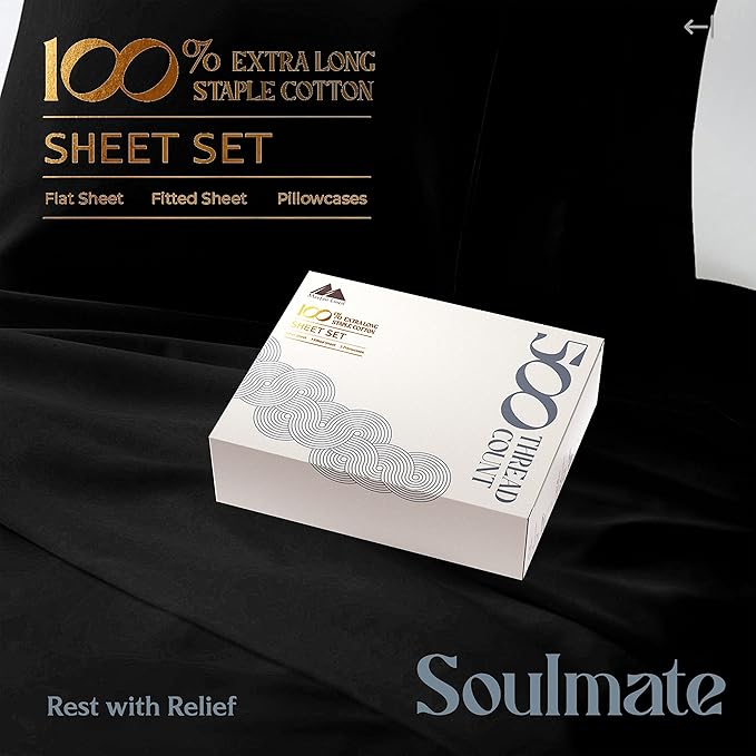 Mayfair Linen 500 Thread Count Split King Sheets Sets for Adjustable Bed - 5 PC Split King Size Bed Sheet Set Cotton (Black), Soft, Cooling, Sateen Weave 16" Deep Pocket Bedsheet (Fits 18" Mattress)
