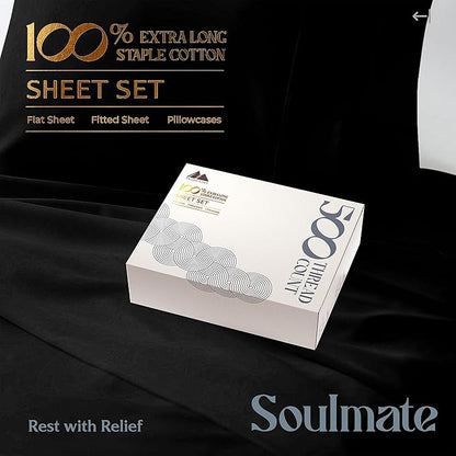 Mayfair Linen 100% Cotton Bed Sheets Queen Set - 500 Thread Count Cotton Sheets for Queen Size Bed, 4 PC Set (Black), Ultra Soft, Cooling, Sateen Weave 16" Deep Pocket Bedsheet for Hot Sleepers